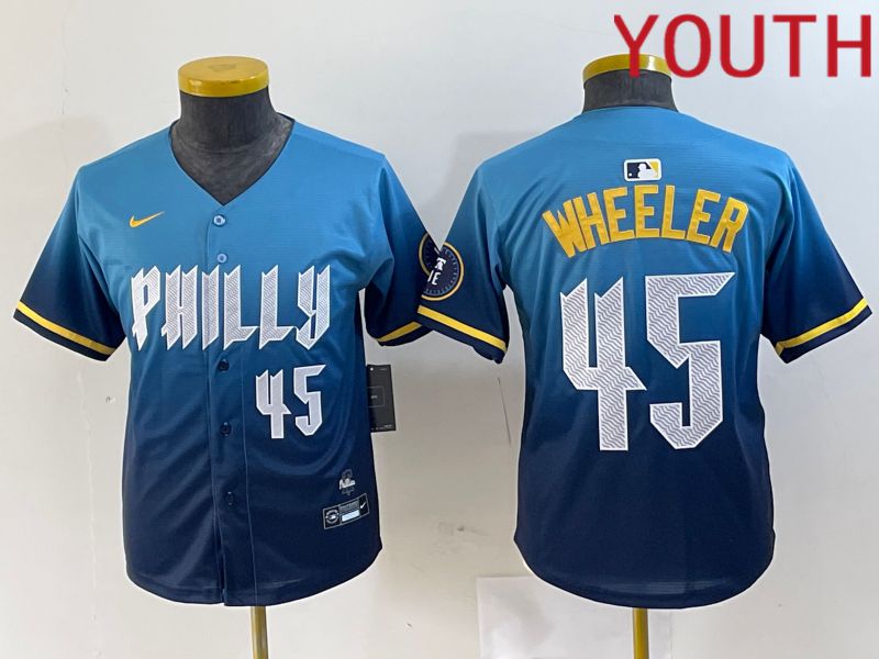 Youth Philadelphia Phillies 45 Wheeler Blue City Edition Nike 2024 MLB Jersey style 4